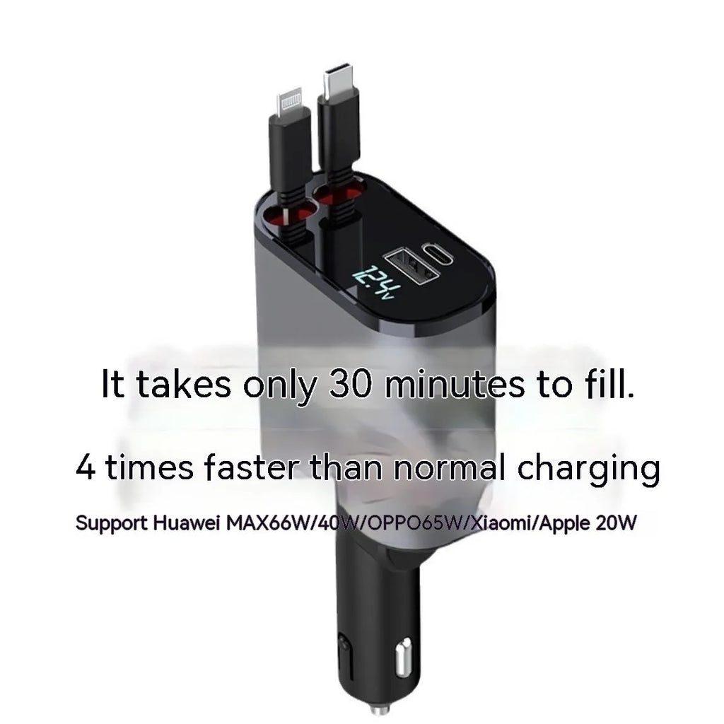 Automatic retractable car charger plugged into a vehicle's cigarette lighter socket with four USB cables extended.