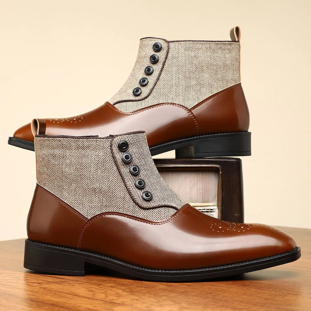 Men's brown retro formal shoes with square toe and side zipper on a rubber sole.