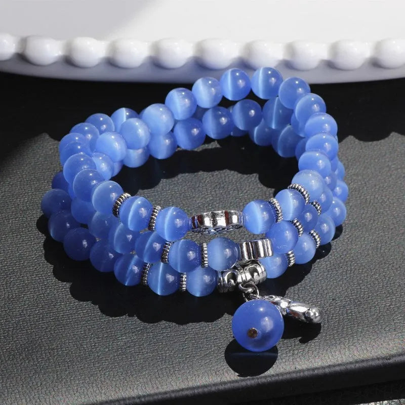 Opal lucky cat cartoon bracelet with geometric 8mm beads in adjustable 52cm length