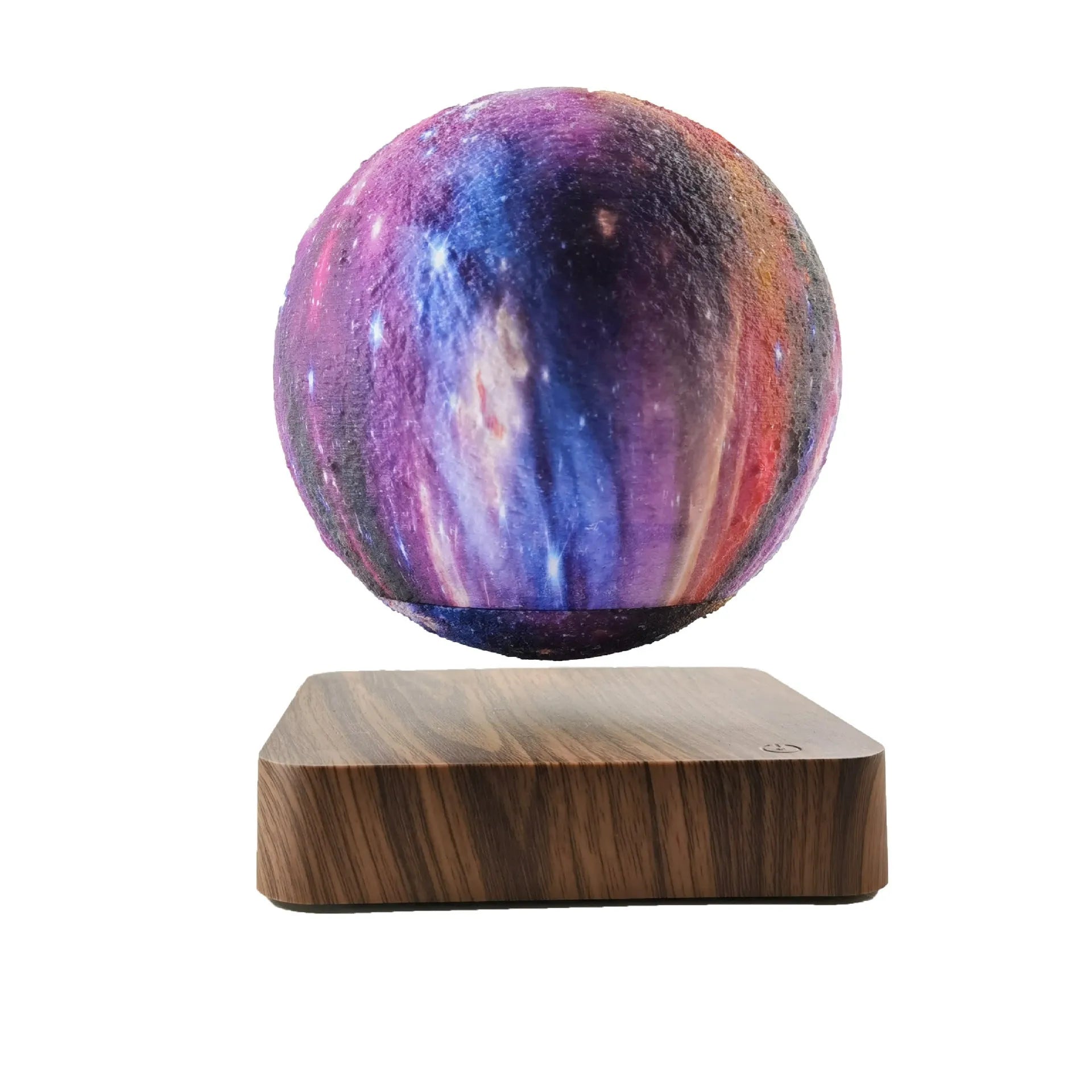 Square walnut coloured levitating moon lamp with galaxy design hovering above a circular base.