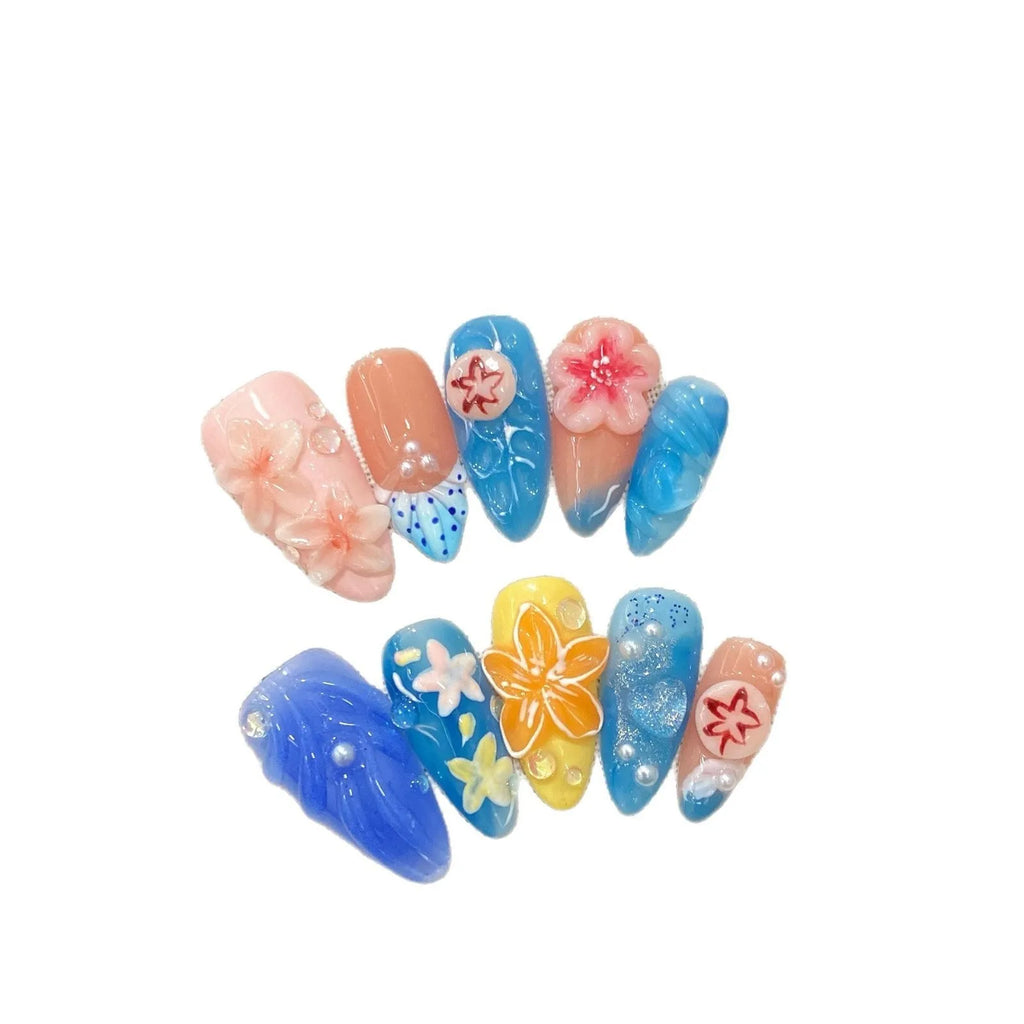 Plastic wearable armour with 3D carved jellyfish design in marine style, almond nail colour