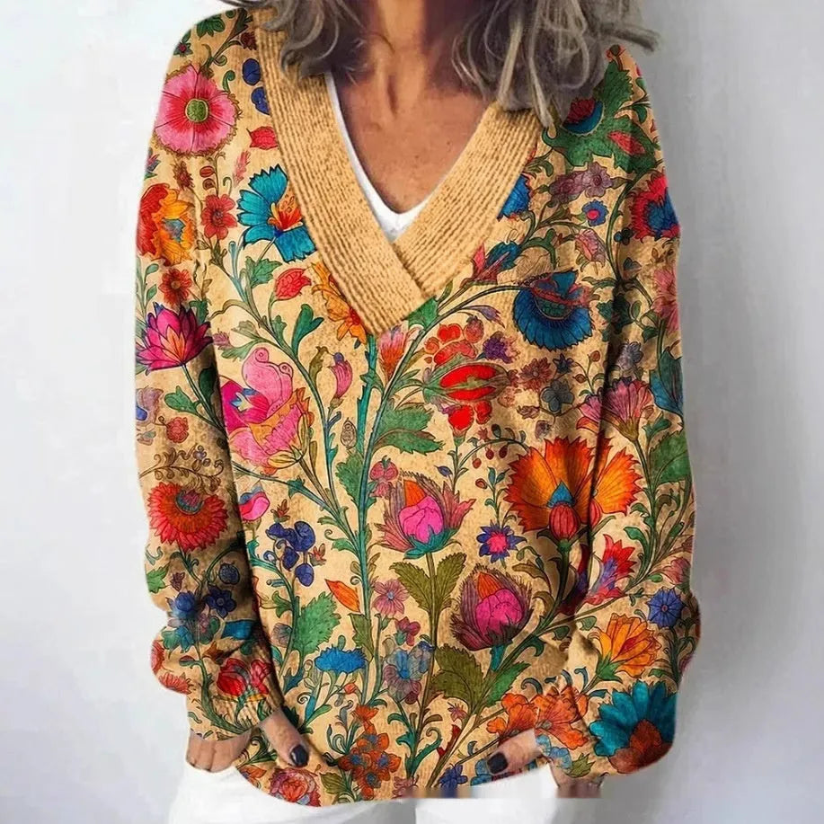 Women's V-neck long sleeve sweatshirt with a retro 3D floral pattern print in a colour from the E073 range.