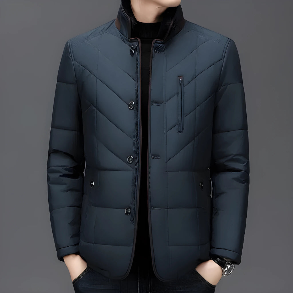 Men's dark blue winter short cotton-padded coat with side seam pockets.