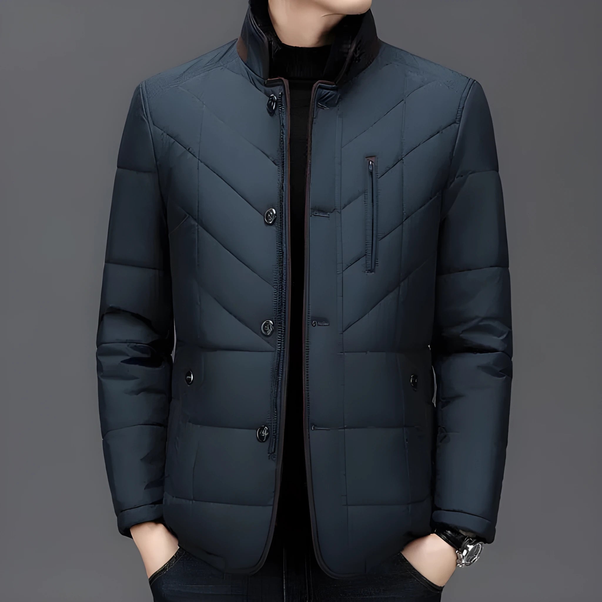 Men's dark blue winter short cotton-padded coat with side seam pockets.