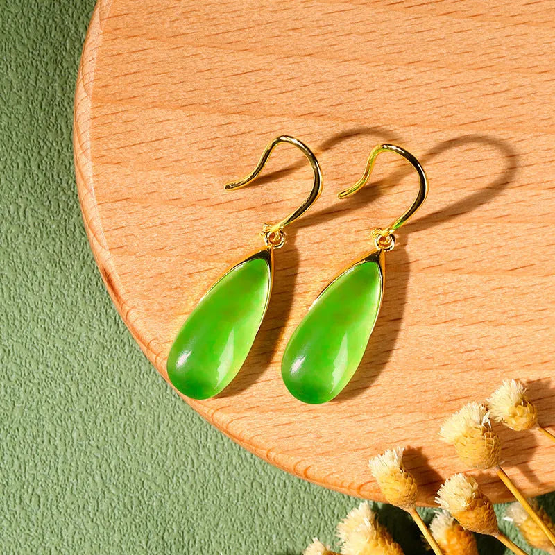 Retro Chinese style geometric earrings with water droplet elements and jade-colour electroplated finish