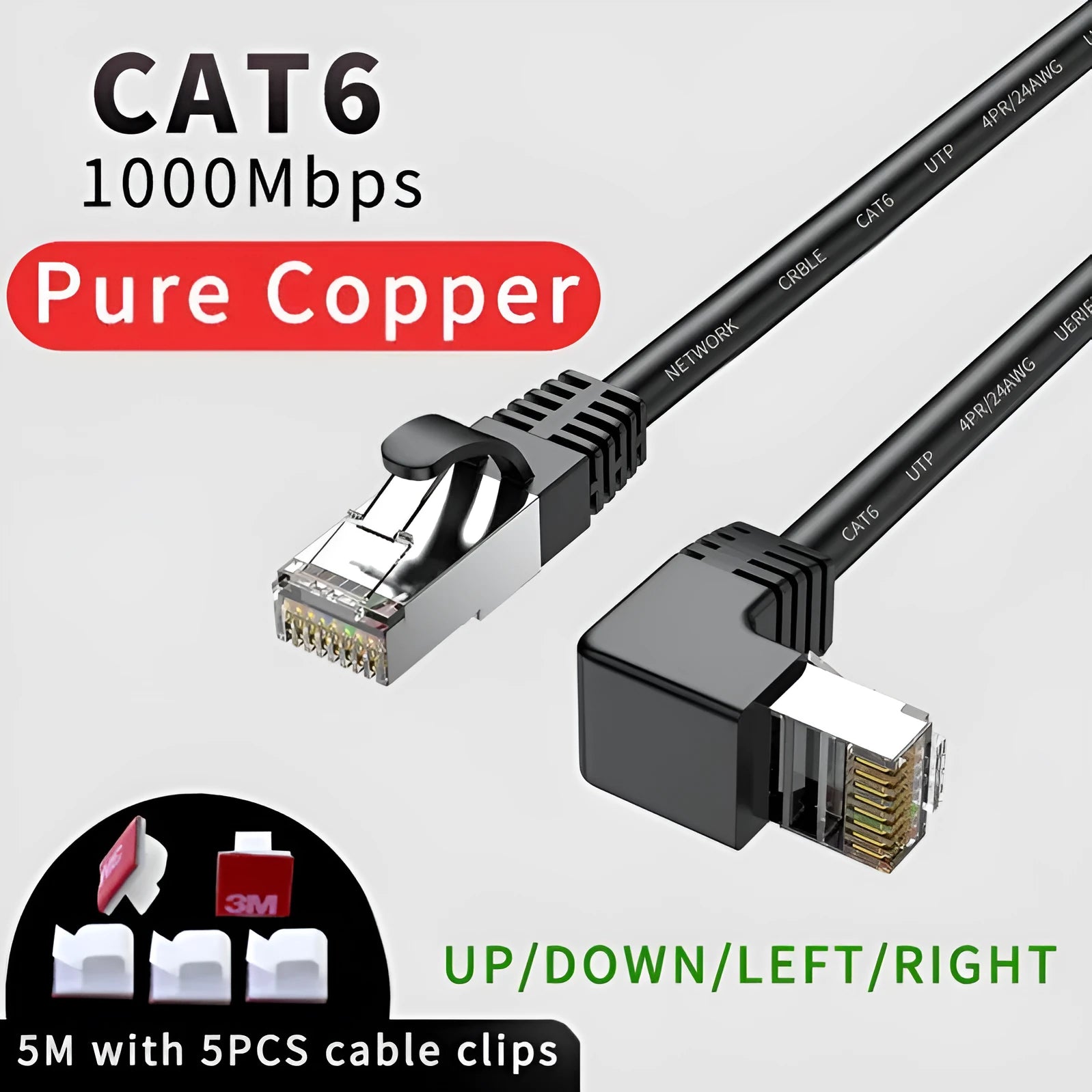 Cat6 Ethernet cable with right-angled RJ45 connector in various colours including black, white, red, yellow, and grey options