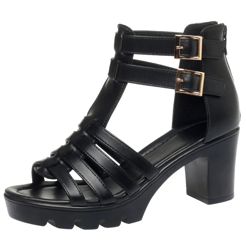 Women's beige high heels with hollow-out design, rhinestone details, and an ankle buckle strap.