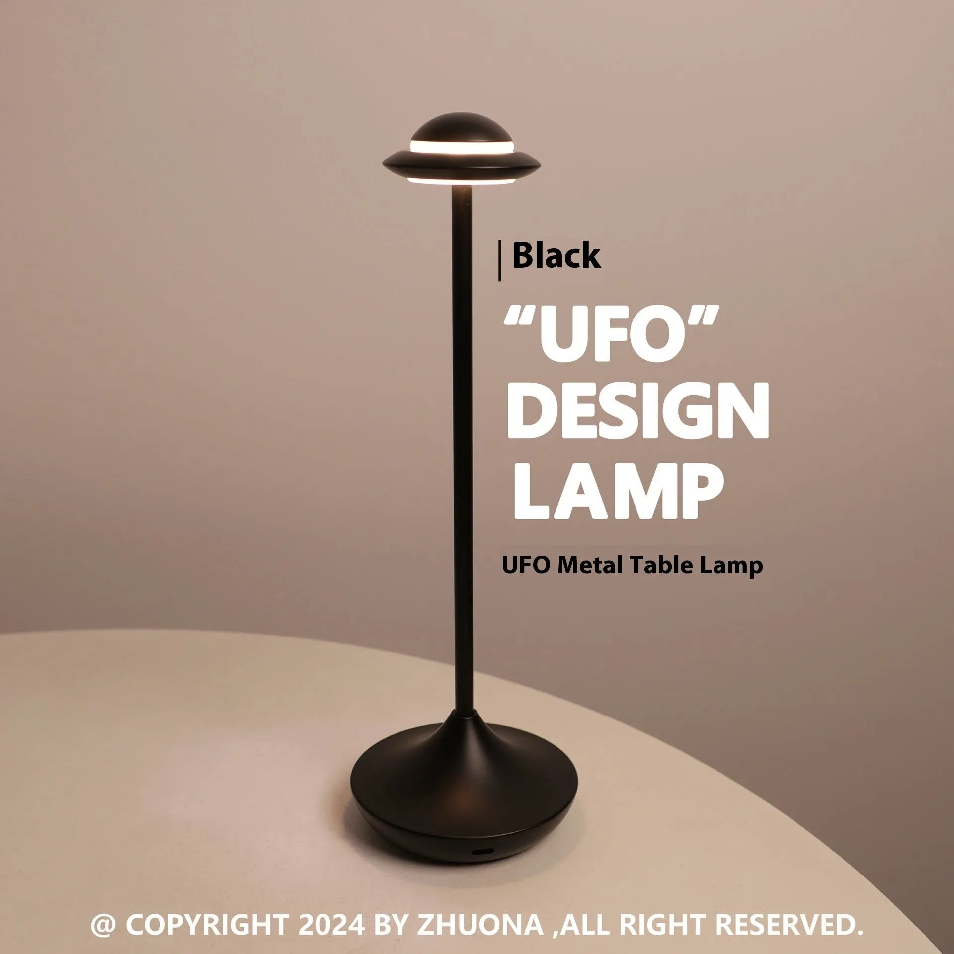 Modern metal UFO-shaped table lamp in black, gold, or grey with touch-sensitive dimming controls.