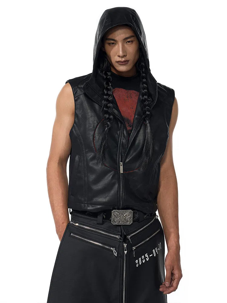 Black men's PU leather waistcoat coat with hooded collar and five-pointed star motifs