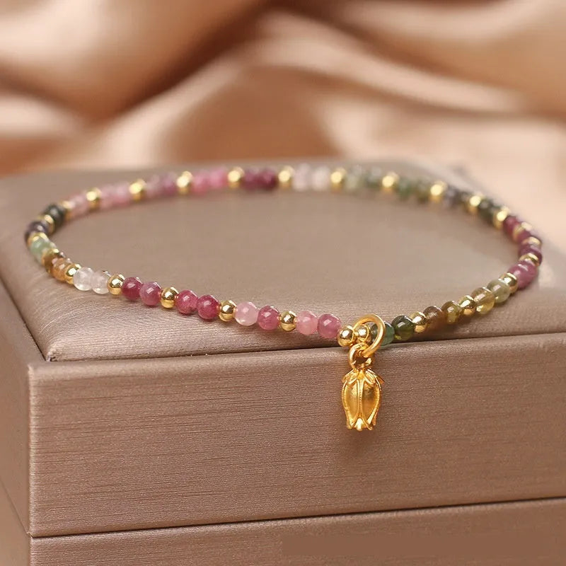 Women's natural tourmaline floral beaded anklet with delicate ankle chain