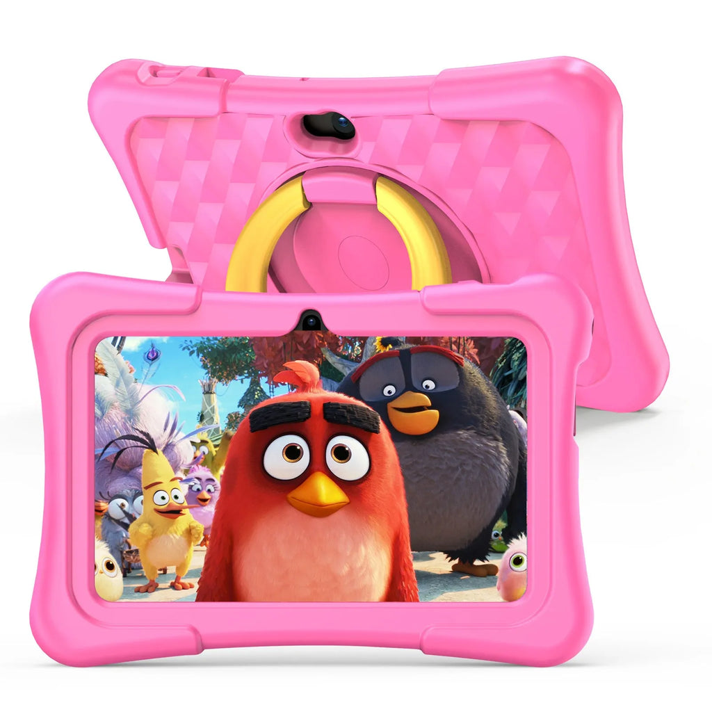 Blue children's education tablet with silicone cover and rotating handle on a 7-inch screen.