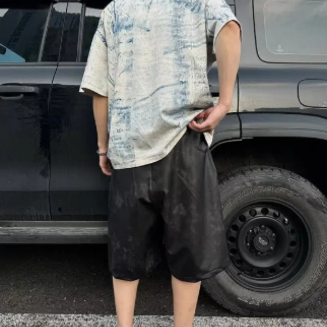 Korean style loose fit t-shirt with aging dirty printing design in solid colour