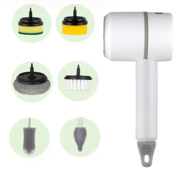 White rechargeable electric cleaning brush with multiple scrubber heads on a kitchen worktop.
