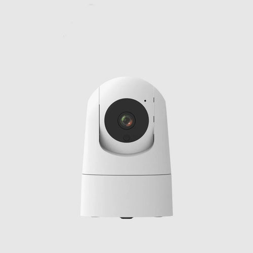 White indoor security camera with shake head function on a desk, showing UK plug.