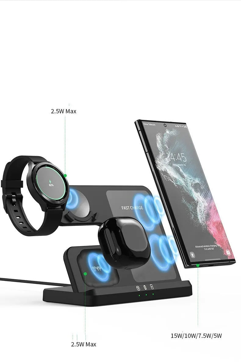 Vertical 3-in-1 wireless charging stand for mobile phone, smartwatch, and headphones on a desk.