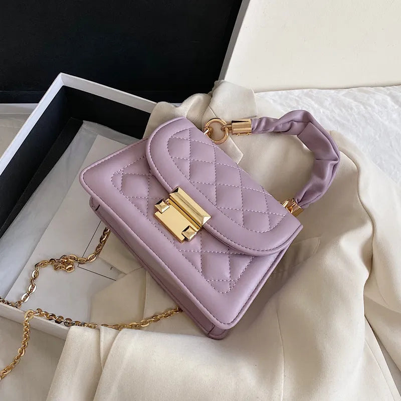 Korean-style purple PU small square shoulder bag with tapered 16-19cm width dimensions