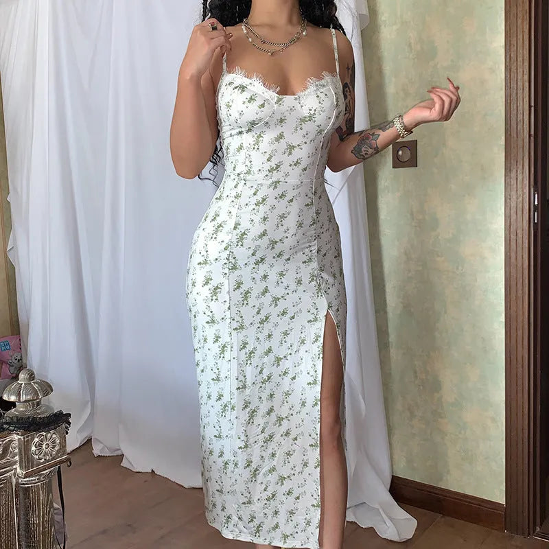Womans blue lace floral print long dress with side slits and black suspender straps