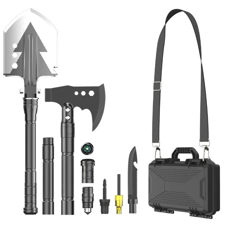 Black multi-functional military shovel set with axe and knife, packed in a hard carry case.