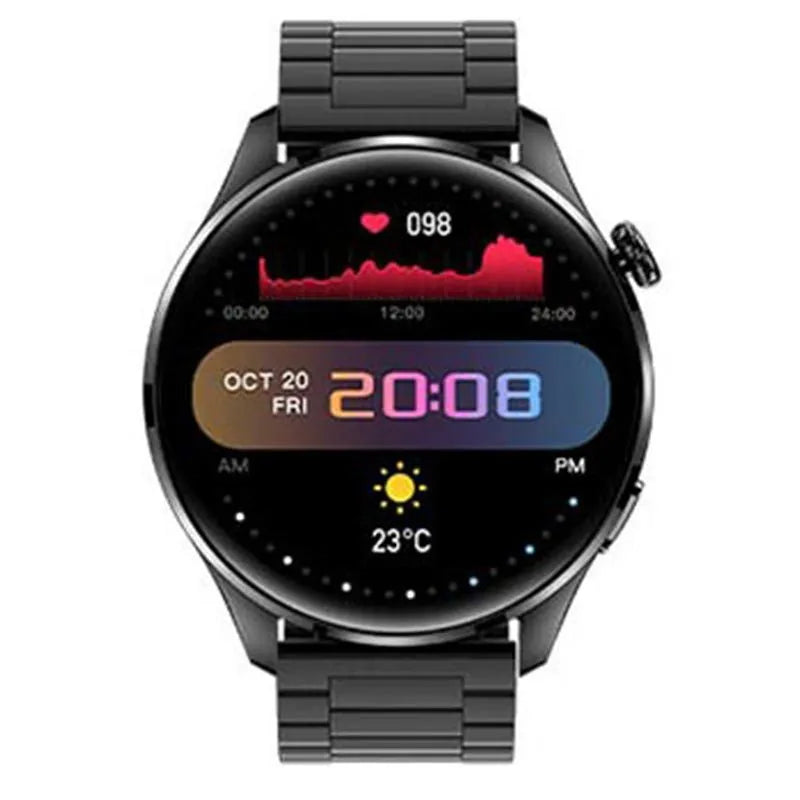 Smartwatch with round IPS screen on a black silicone strap, showing Bluetooth calling and access control interface.