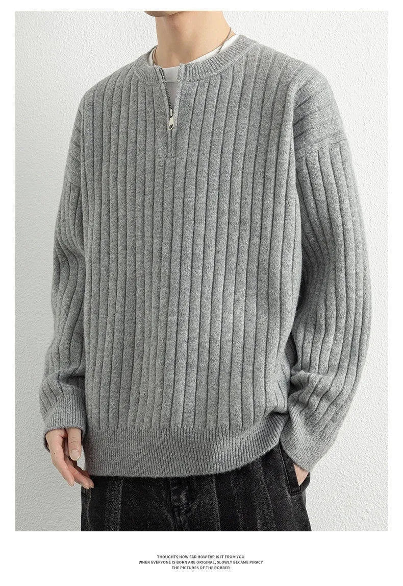 Men's half zip loose pullover sweater in textured knit polyester, shown in grey colour