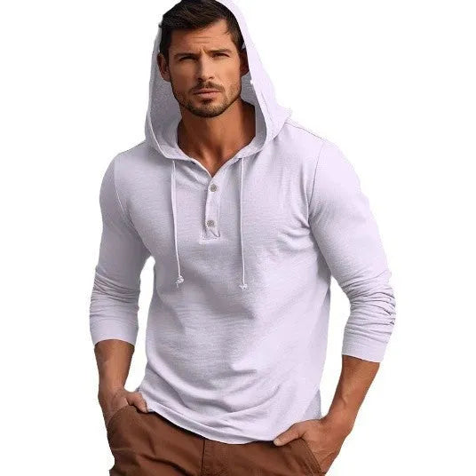 Men's cotton pullover hoodie in dark blue, apricot, black, blue, white or light green colours with long sleeves