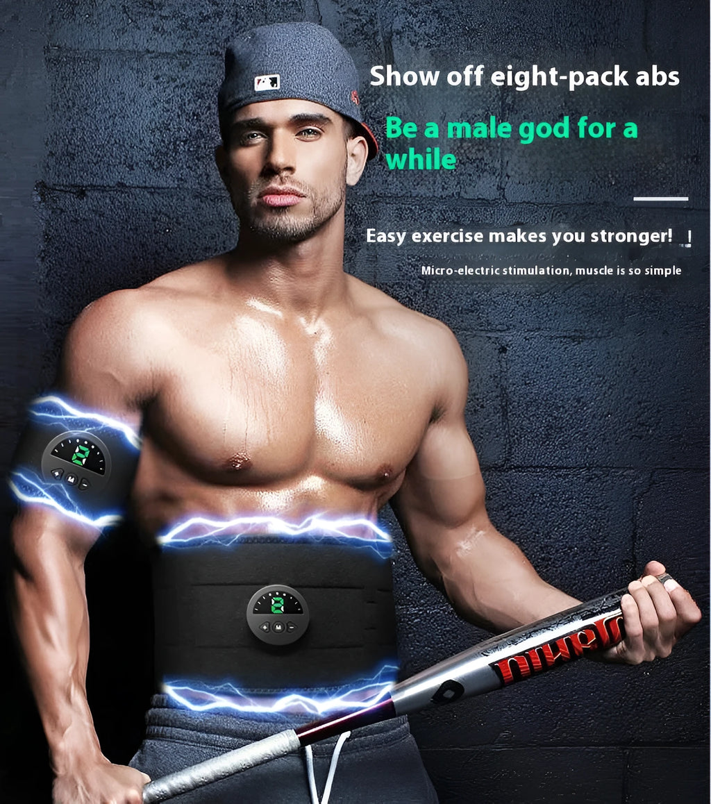 Black fitness belt with display screen host unit for waist and abdomen shaping workouts.