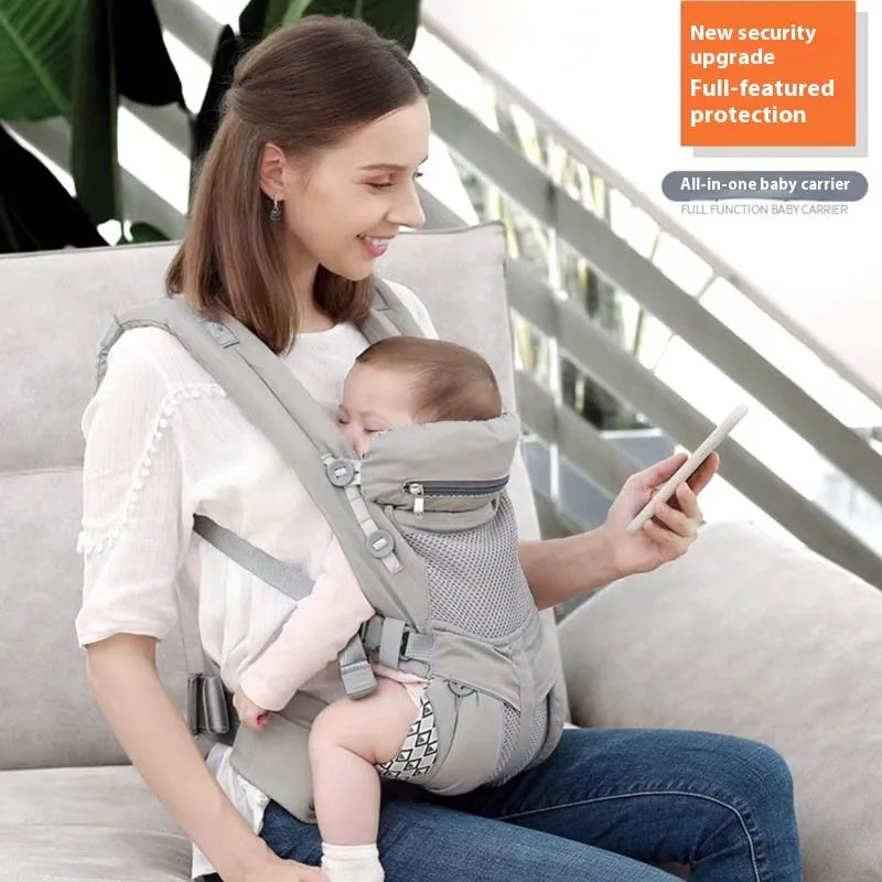 Baby hipseat carrier with waist stool in gray printing colour, polyester material, 20kg capacity