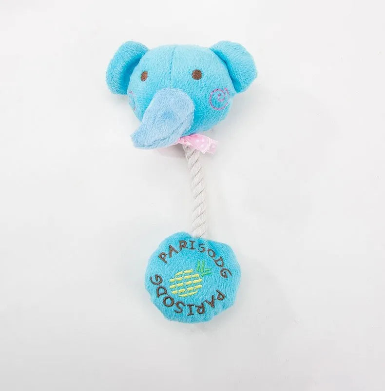 Dog plush toy with squeaker and cotton rope in animal designs including frog, elephant, cow, and bear