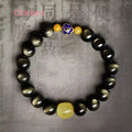 Golden obsidian bracelet with 10mm geometric zodiac beads on adjustable cord