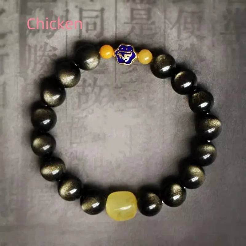 Golden obsidian bracelet with 10mm geometric zodiac beads on adjustable cord