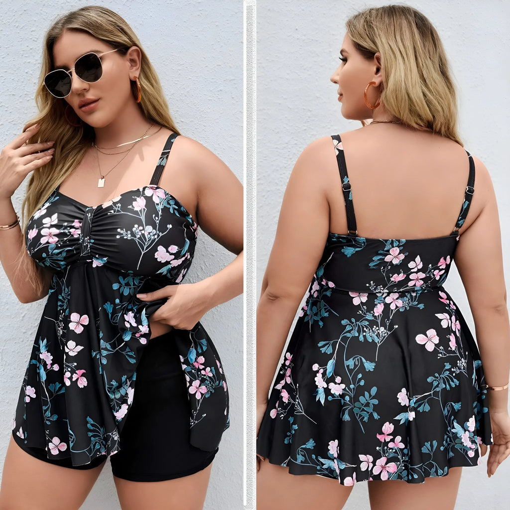 Women's floral print one-piece swimsuit in split colours, available in plus sizes.