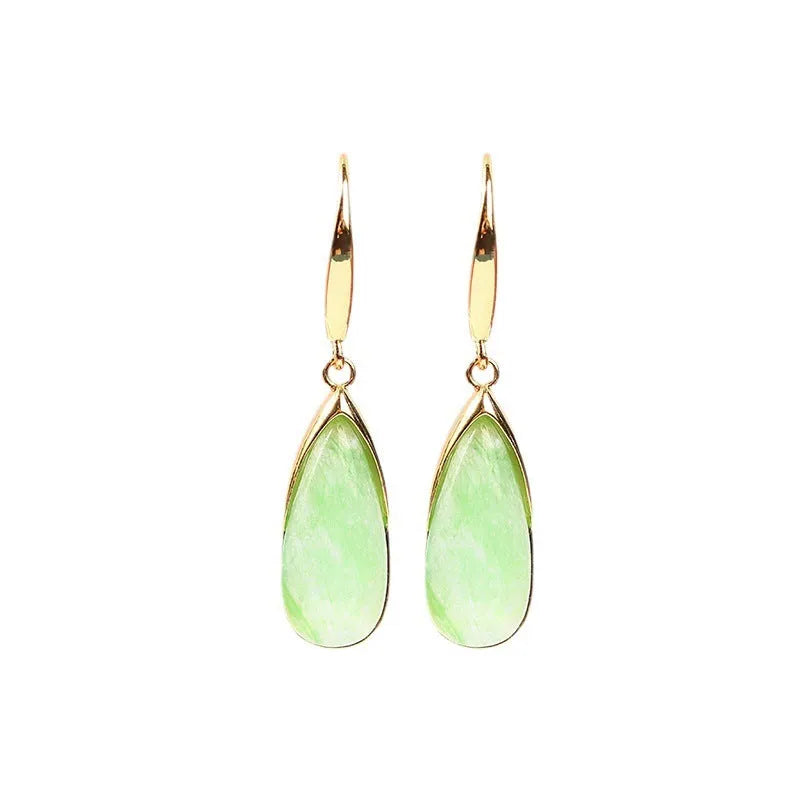 Retro Chinese style geometric earrings with water droplet elements and jade-colour electroplated finish
