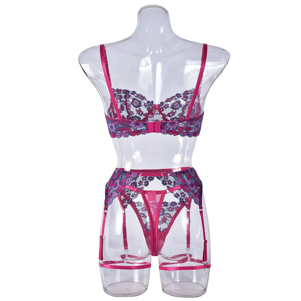 Rose red women's bikini set with contrast colour embroidery, Asian sizes available