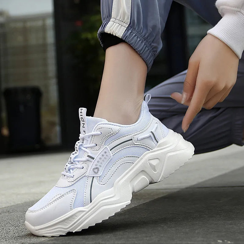 White and moonlight women's mesh casual sports shoes with thick sole, buckle detail, and round toe