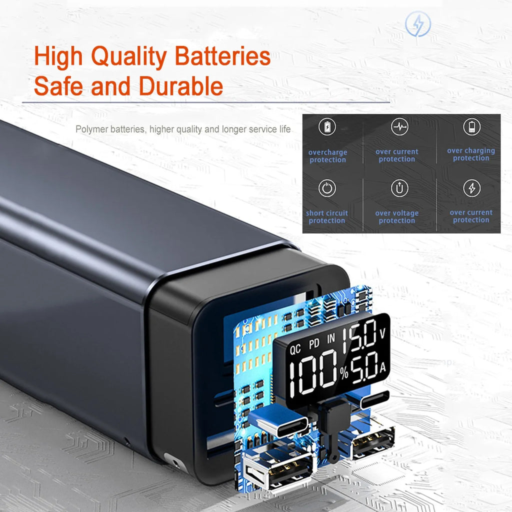 Black metal 65W high-power laptop charging bank showing size and USB-C port.
