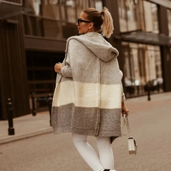 Women's colour matching hooded knit cardigan coat in pink, thick acrylic cashmere blend, long sleeve, loose fit