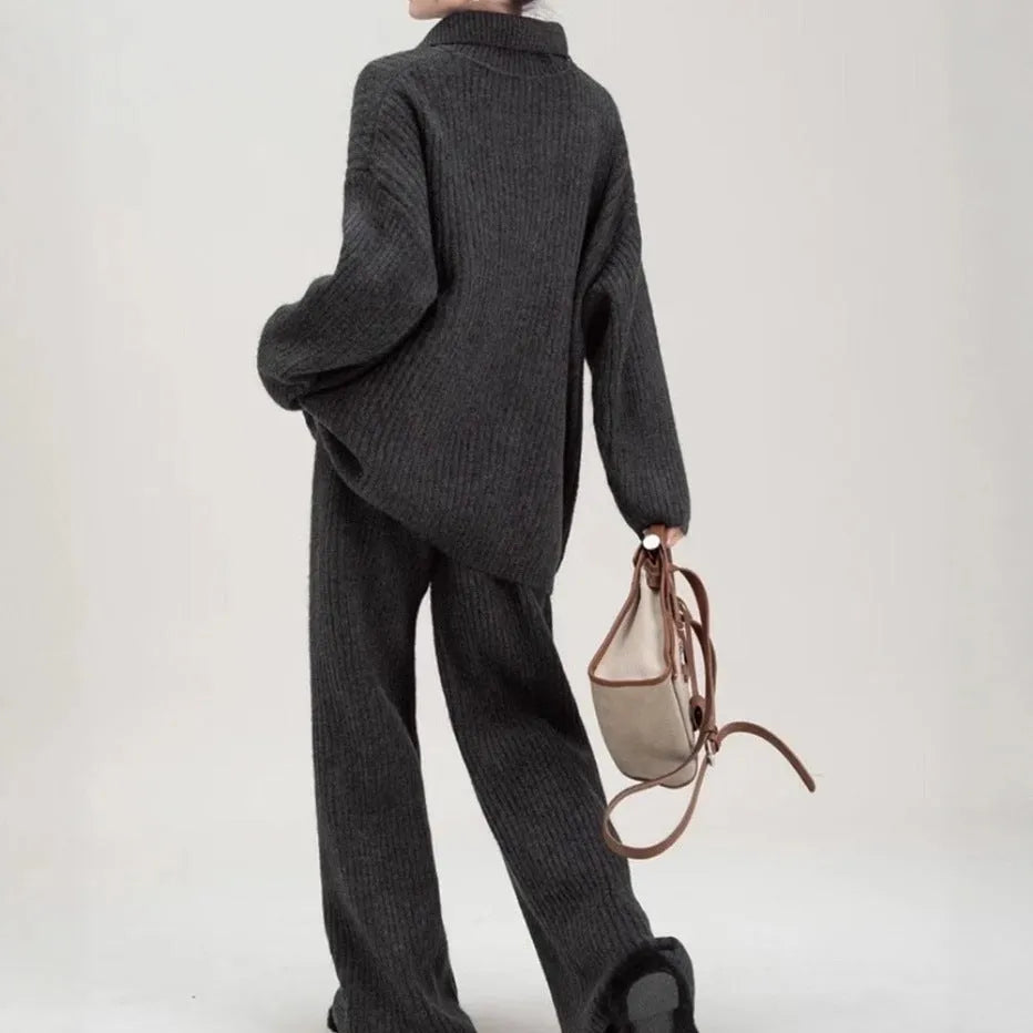 Acrylic imitation cashmere sweater suit two-piece set with collared top and trousers in beige.