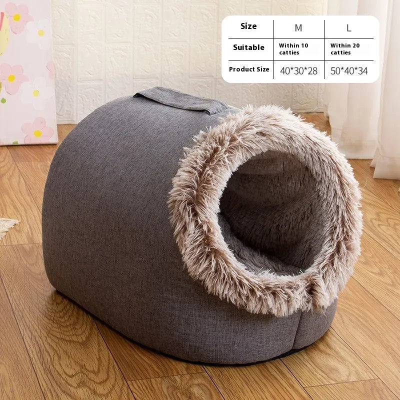 Grey fleece-lined enclosed cat sleeping bag nest showing closed design with warm interior