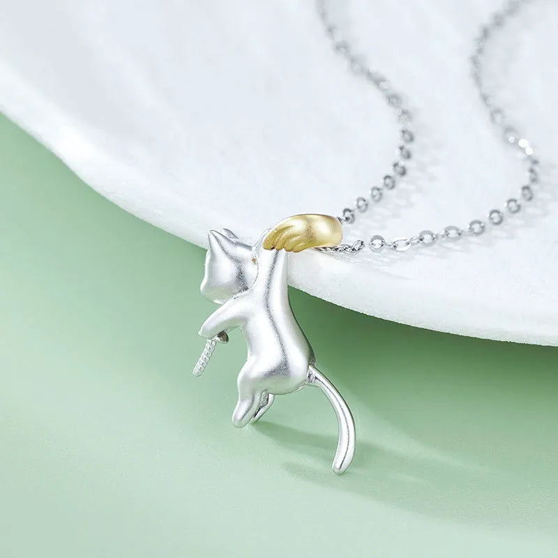 925 sterling silver cat pendant clavicle chain necklace with optional pearl beads