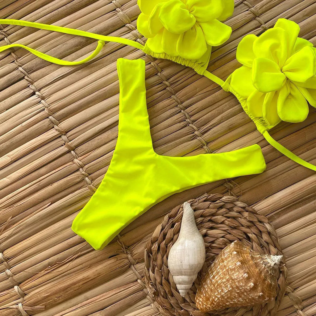 Women's 3D flower low waist bikini swimsuit in solid colour with backless briefs style.