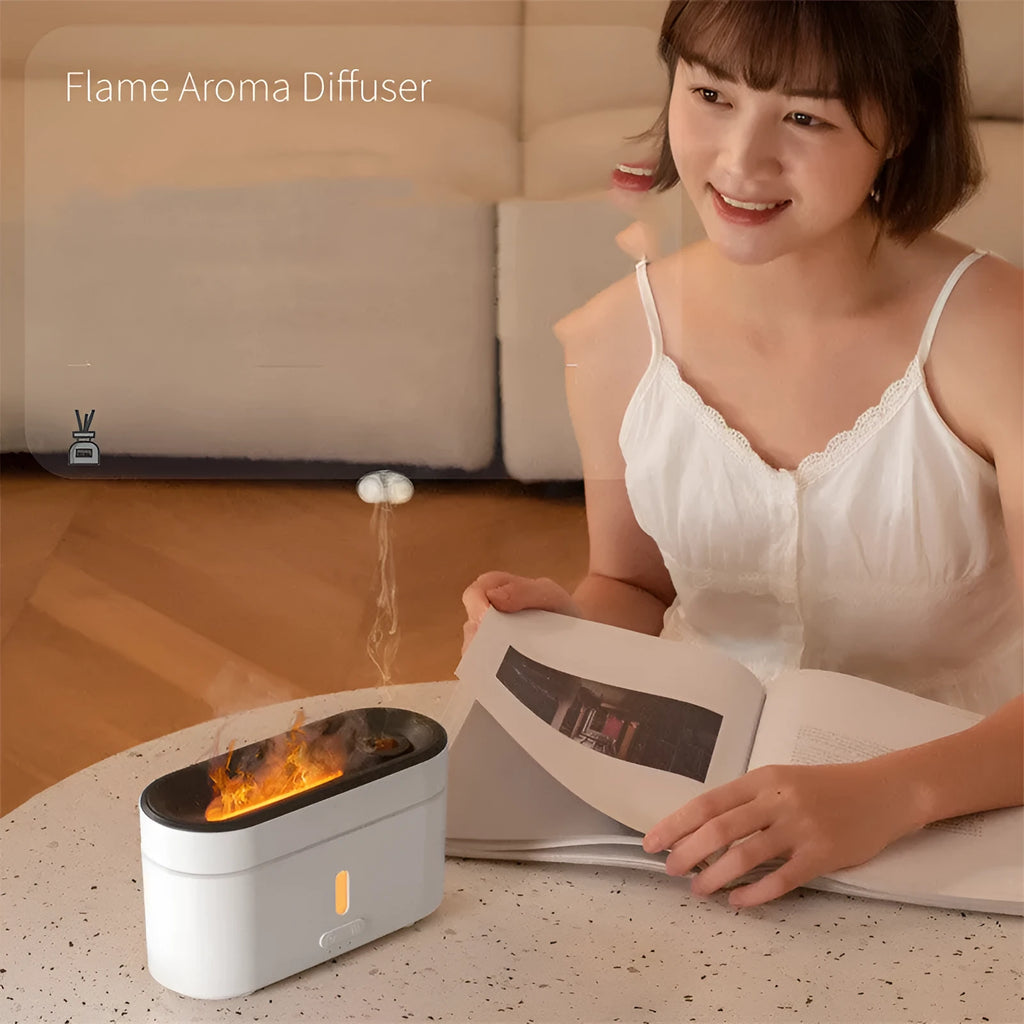 White resin flame lamp humidifier with two fog outlets and 300ml capacity, USB powered