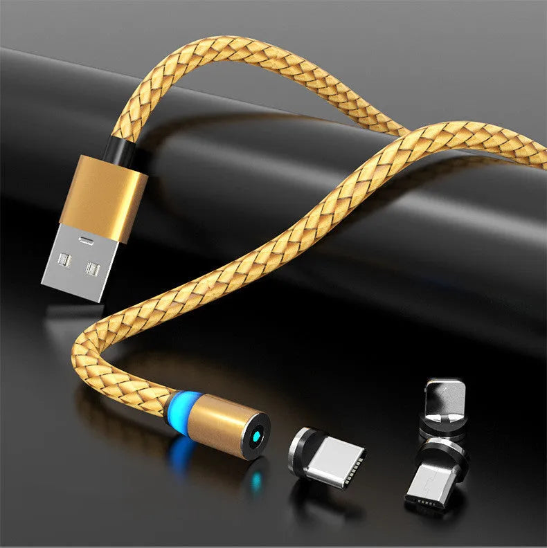 Magnetic smartphone charging cable with LED breathing light, showing black and gold colour options.