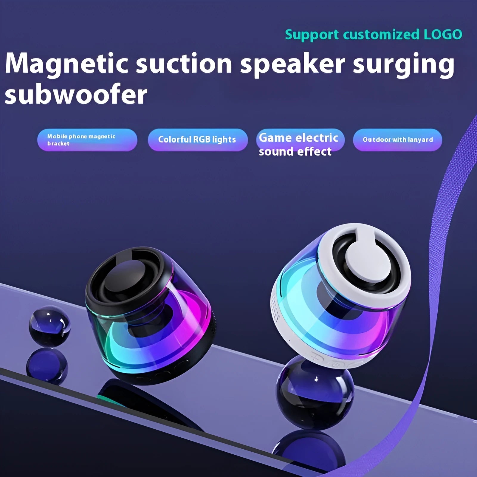 Portable wireless Bluetooth speaker with LED light and magnetic base in black or white