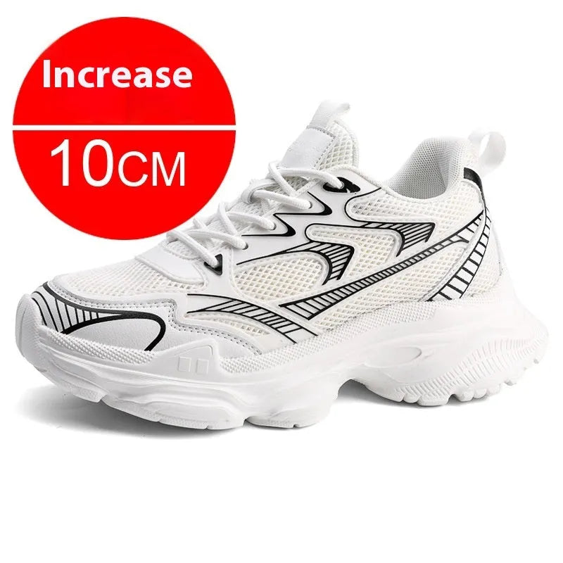 Men's casual breathable height increasing shoes with mesh upper and 10cm invisible lift, in white colour option