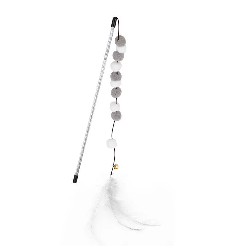 31cm long cat teaser stick wand with bell and colourful feather pompon attachments