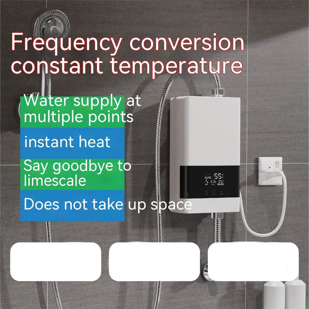 Household constant temperature water heater with LED touch screen in gold, silver, or white finish.