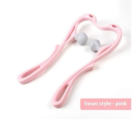 Blue manual swan-shaped neck massager with six rolling wheels and a natural crystal jade scraping board on a white background.
