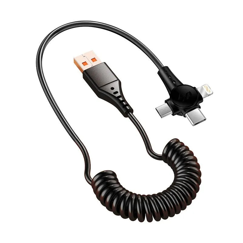 Black telescopic spring coil data cable with Type-C, Micro USB and Lightning connectors extended to 1.5m