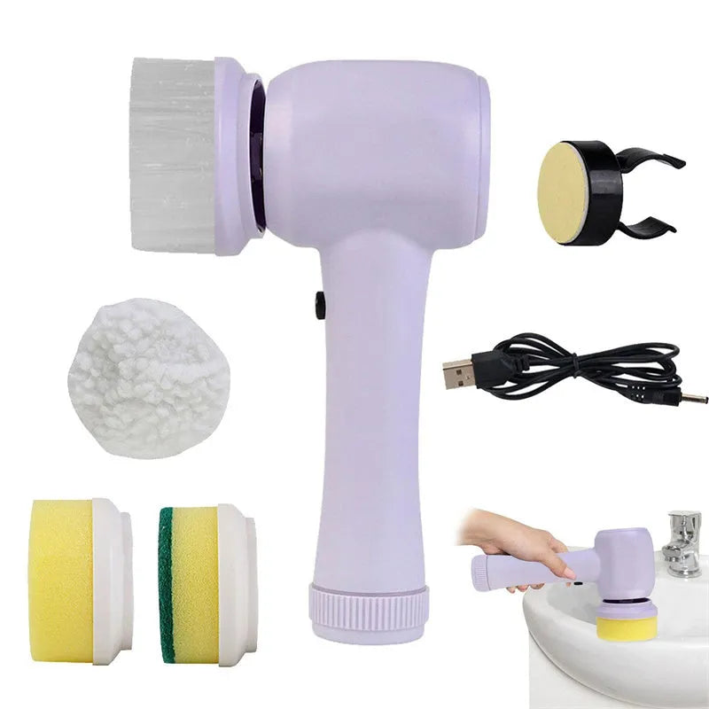 White cordless electric cleaning brush with four brush heads for shower tile and floor cleaning