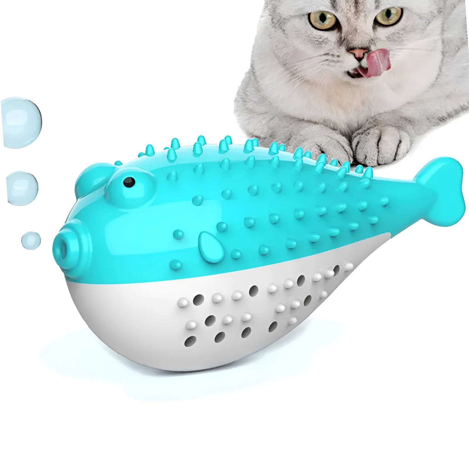 Small blue silicone fish-shaped chew toy for cats on a white background.